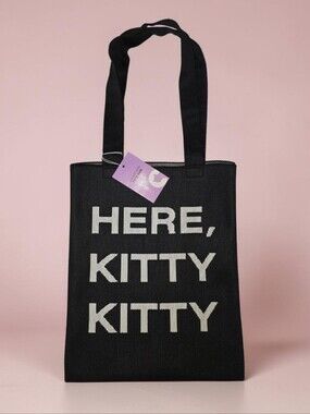 Cat Lady brand HERE KITTY KITTY Double Sided Black Woven Flat Tote bag NWT
